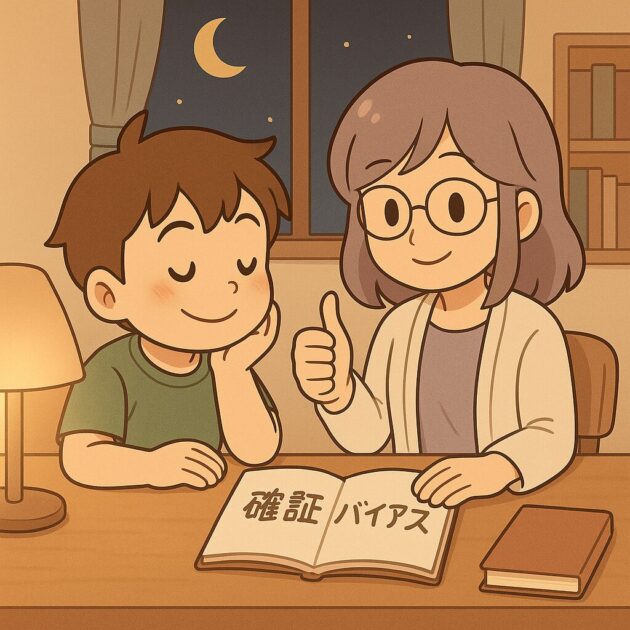 夜の机で、もこあい先生が「確証バイアス」と書かれた本を開きながら親指を立てて説明し、隣で健太が満足そうな顔でうなずいている様子