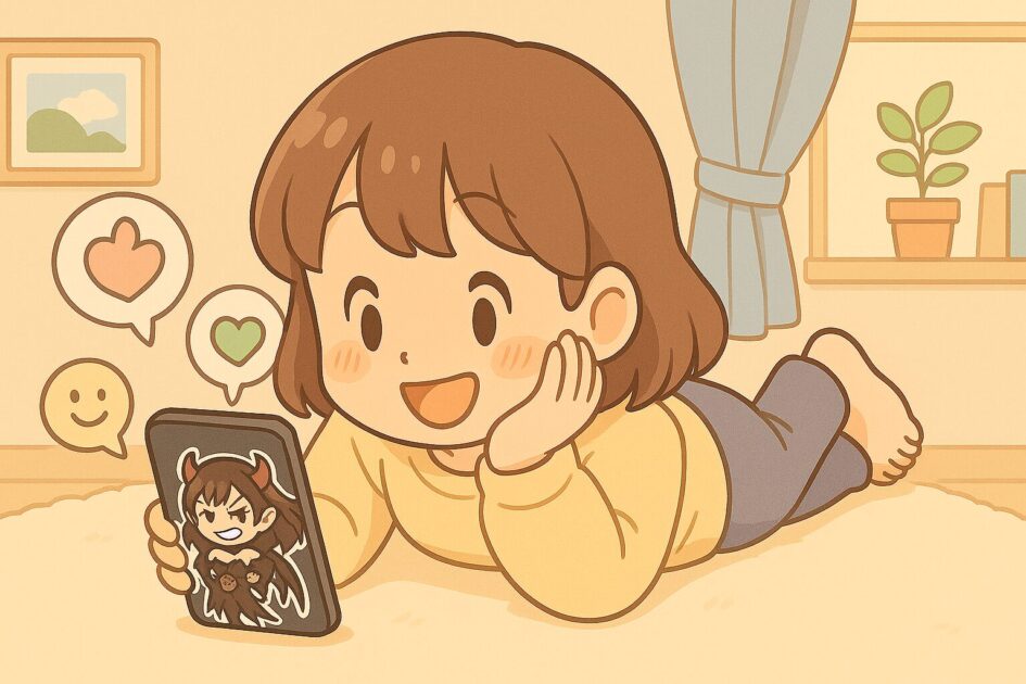 床にうつ伏せになった女の子が、悪もこあい先生のシールが貼られたスマホの裏面を持ちながらSNSを見てニコニコしており、いいねやハートのアイコンだけに意識が向いている様子