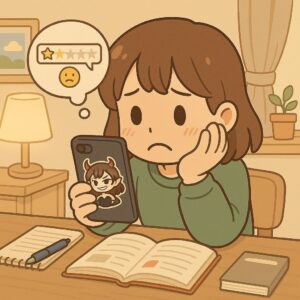 机で勉強している女の子が、悪もこあい先生のシールが貼られたスマホの裏面を見つめながら、吹き出しに表示された星1つの低評価レビューを思い浮かべて落ち込んでいる様子