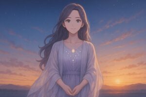 倿ãã®ç©ºã®äžãçœéãšæ·¡ãã©ãã³ããŒã®ããŒãããŸãšã£ãã¯ãšãŒãµãŒããããå
çãéãã«åŸ®ç¬ãã§ãããèžå
ã«å
ãèŒããæã
ã®æ®å
ãæŒãå¹»æ³çãªæ§å³ã