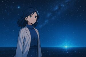 æã
ã®æµ·ã®äžã«ç«ã€ã¯ãšãŒãµãŒããããå
çãæ°Žå¹³ç·ã®åããã«AIã®å
ãåºãããéããªèŒããå€ç©ºãç
§ãããŠããã