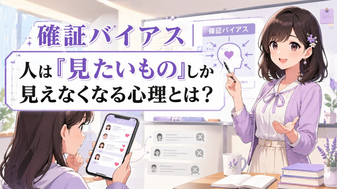 確証バイアスの意味を、見たい情報だけをスマホで選んで見てしまう場面と先生の解説で示したアイキャッチ