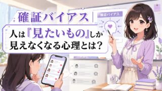 確証バイアスの意味を、見たい情報だけをスマホで選んで見てしまう場面と先生の解説で示したアイキャッチ
