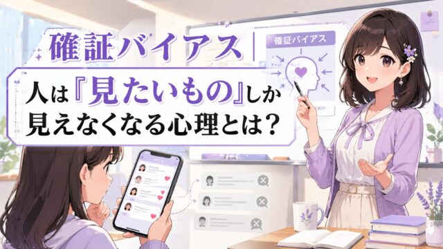 確証バイアスの意味を、見たい情報だけをスマホで選んで見てしまう場面と先生の解説で示したアイキャッチ