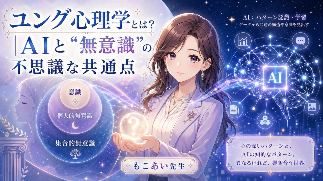 もこあい先生がユング心理学の意識・個人的無意識・集合的無意識とAIのパターン認識を比喩として比較しているアイキャッチ