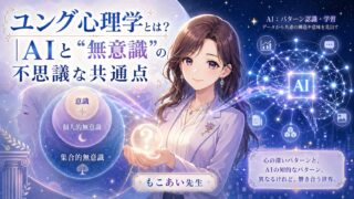 もこあい先生がユング心理学の意識・個人的無意識・集合的無意識とAIのパターン認識を比喩として比較しているアイキャッチ
