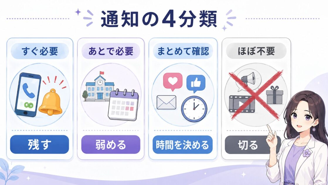 通知をすぐ必要・あとで必要・まとめて確認・ほぼ不要に分けた4分類