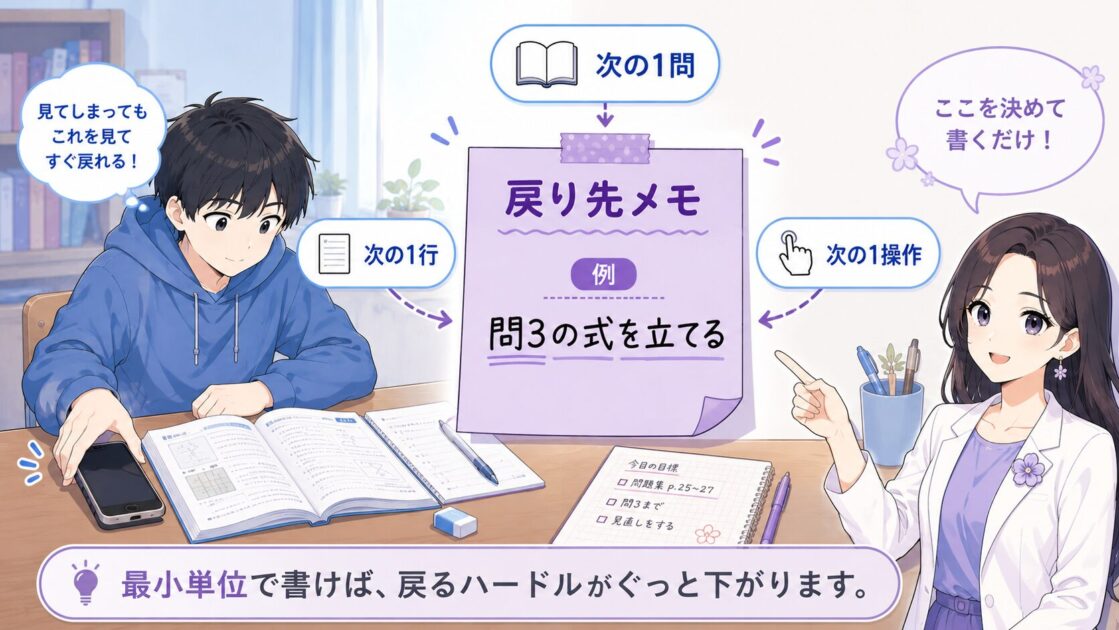 スマホを見たあとに勉強へ戻るため、次の1問を書いた戻り先メモ
