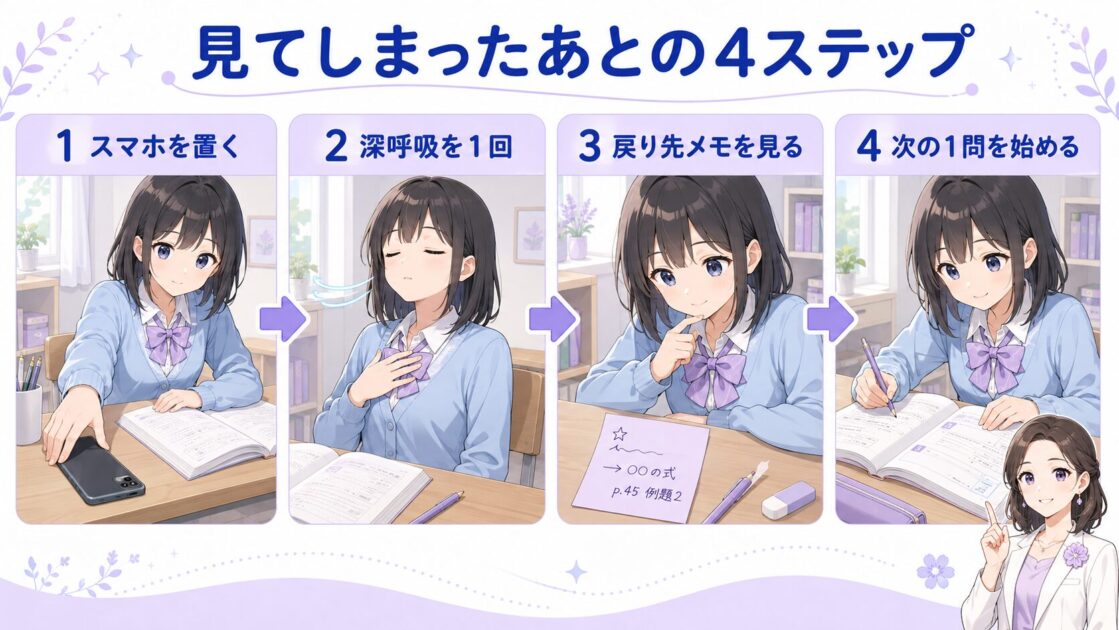 スマホを置き、深呼吸し、戻り先メモを見て次の1問へ戻る4ステップ