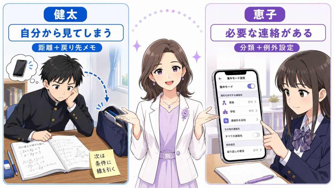 自分からスマホを見る健太と必要な連絡を残したい恵子の通知対策