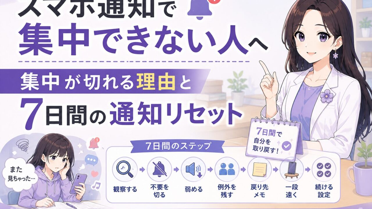 スマホ通知で集中できない人に向けて、集中が切れる理由と7日間の通知リセットを紹介するアイキャッチ画像