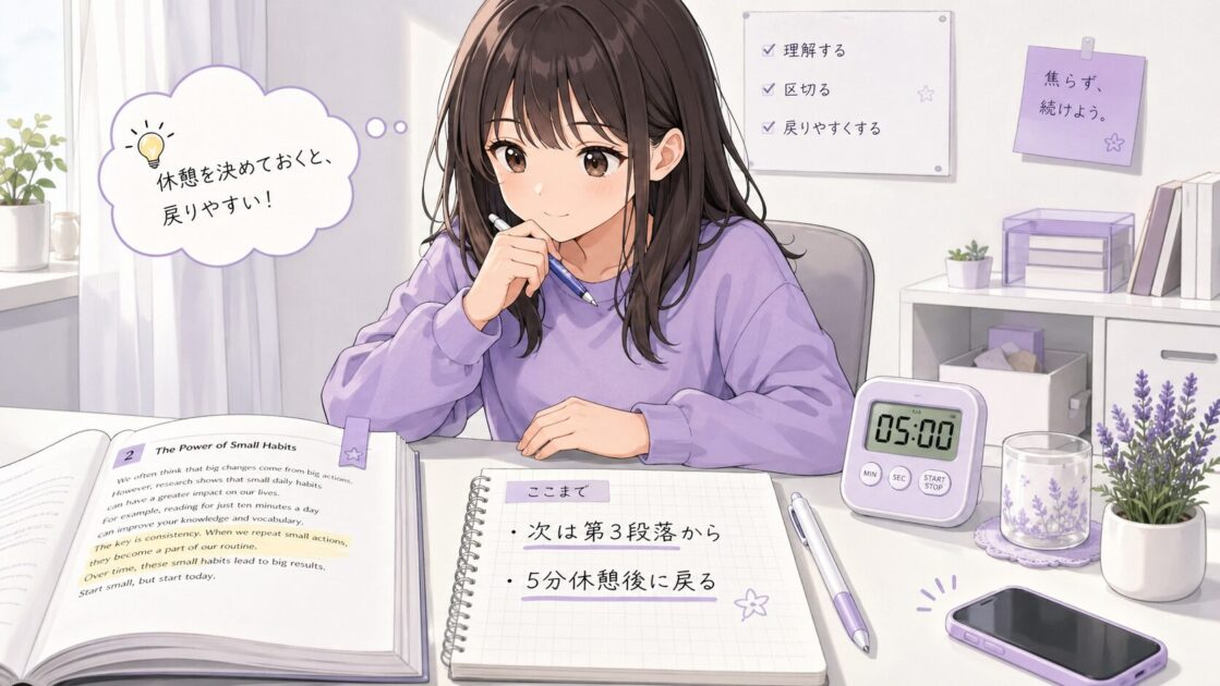 恵子が休憩前に次に戻る段落や問題番号をノートに書いている場面