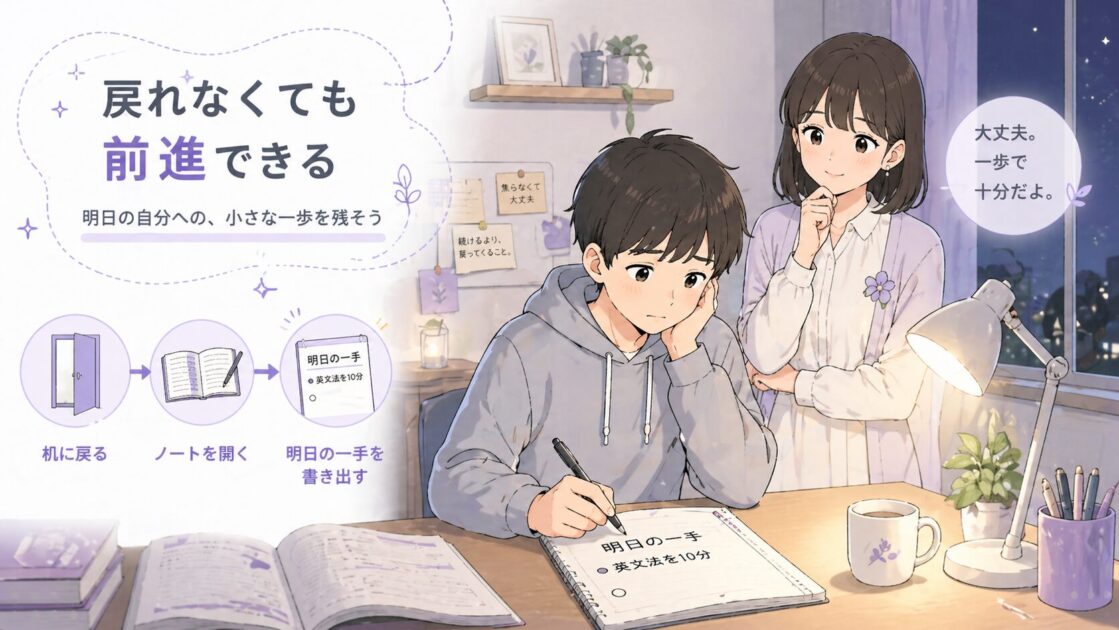 休憩後に勉強へ戻れなかった日でも机に戻る・ノートを開く・明日の一手を書くことで立て直す流れを示す図