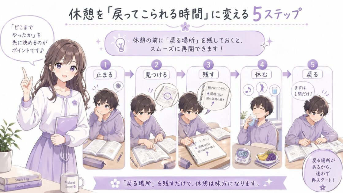 止まる・見つける・残す・休む・戻るの5ステップで休憩後に勉強へ戻る流れを示す図