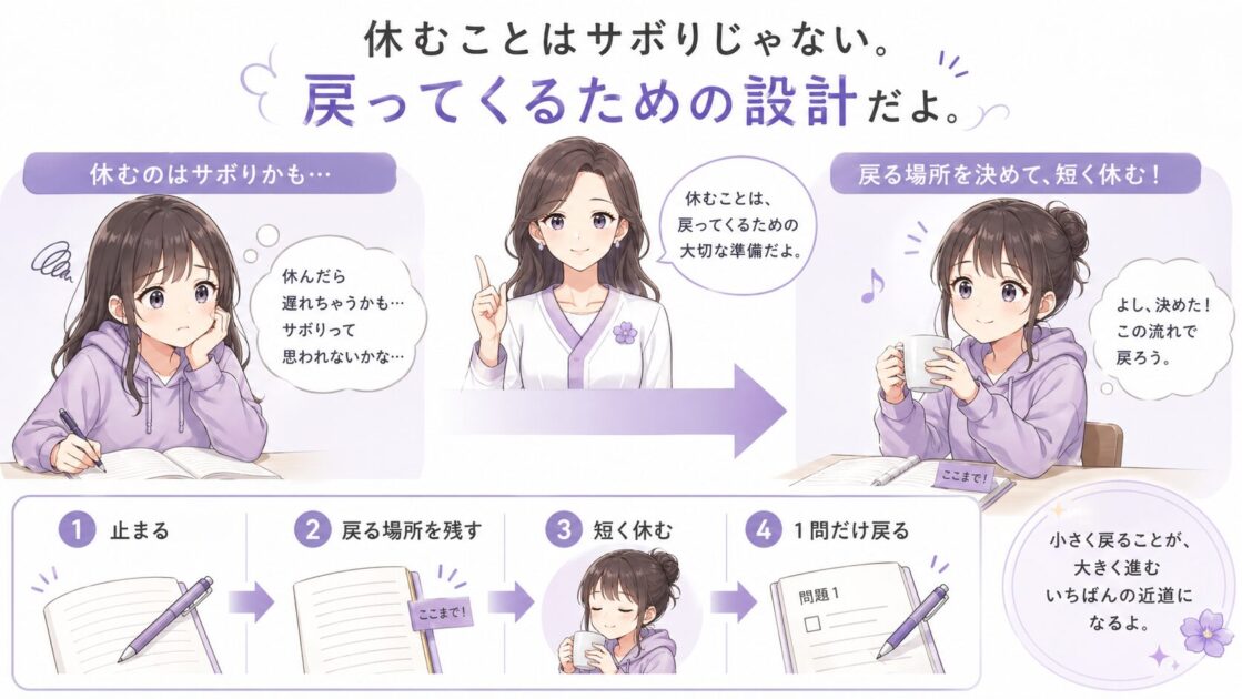 休憩をサボりではなく勉強に戻るための設計として整理する流れを示す図