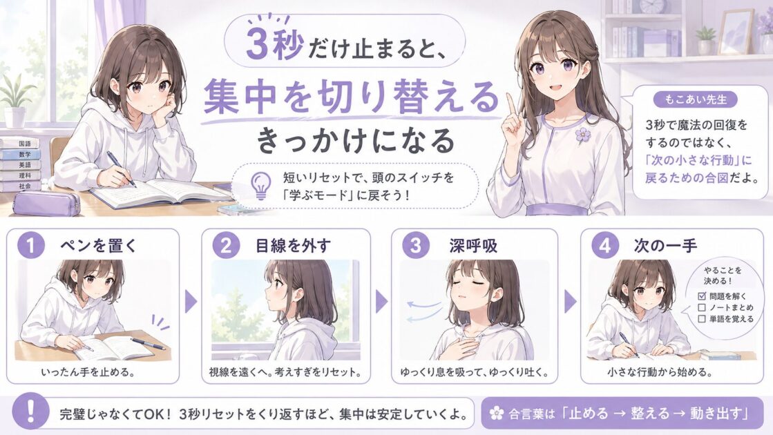 勉強中に3秒だけ止まり、ペンを置く・目線を外す・深呼吸することで次の一手に戻る流れを示す図
