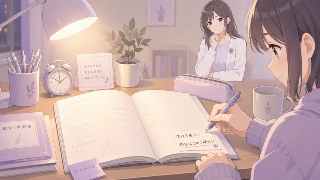 ノートの端に明日の自分が勉強に戻れる一言を書き残している場面