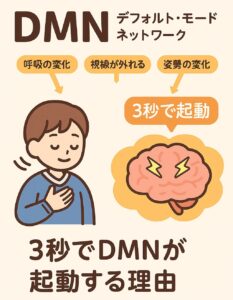 呼吸や視線、姿勢の変化によってデフォルト・モード・ネットワーク（DMN）が3秒で起動する仕組みを、脳のイラストと人物の動作で示した教育図。 