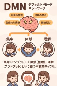デフォルトモードネットワーク（DMN）が記憶の整理や理解の統合を行う仕組みと、集中・休憩・理解のサイクルを図解した教育イラストで、脳が休憩中に成長するプロセスを視覚的に理解できる内容。 