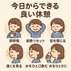深呼吸、姿勢リセット、目を閉じる、遠くを見る、水をひと口飲むの5つの良い休憩方法をまとめた日本語インフォグラフィック。 
