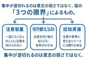 スマホ通知で集中が途切れる原因を示す「注意容量・切り替えコスト・認知資源」の3つの限界を、文字が見やすく整理された図解で表したイラスト。