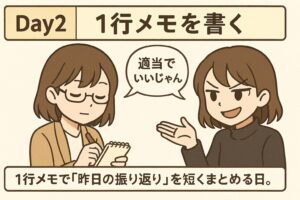 もこあい先生がノートに1行メモを書き、悪もこあい先生が横で誘惑するDay2のシーン。人間キャラクターで描かれた日本語コミック風イラスト。