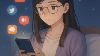 ベッドの上でスマホの通知に気を取られているもこあい先生を描いた朝のシーン。スマホ通知が集中力にどのような影響を与えるかを解説する記事用のアイキャッチ。