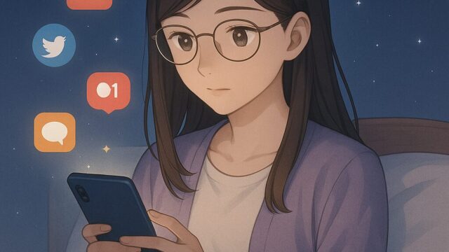 ベッドの上でスマホの通知に気を取られているもこあい先生を描いた朝のシーン。スマホ通知が集中力にどのような影響を与えるかを解説する記事用のアイキャッチ。
