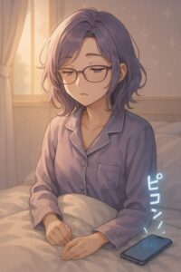 寝起きのもこあい先生が朝の光の中でスマホ通知に気づき、一日の集中力が奪われる瞬間を描いた導入イラスト。