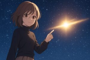 星空の下でクエーサーの光を指し示すもこあい先生が、集中力の本質を象徴的に語るシーン。スマホ通知との距離の取り方を学ぶ記事の締めを象徴する図。