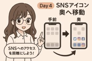 Day4の行動ステップを示す図解で、SNSアイコンを1ページ奥へ移動して通知の誘惑を減らす方法を説明したイラスト