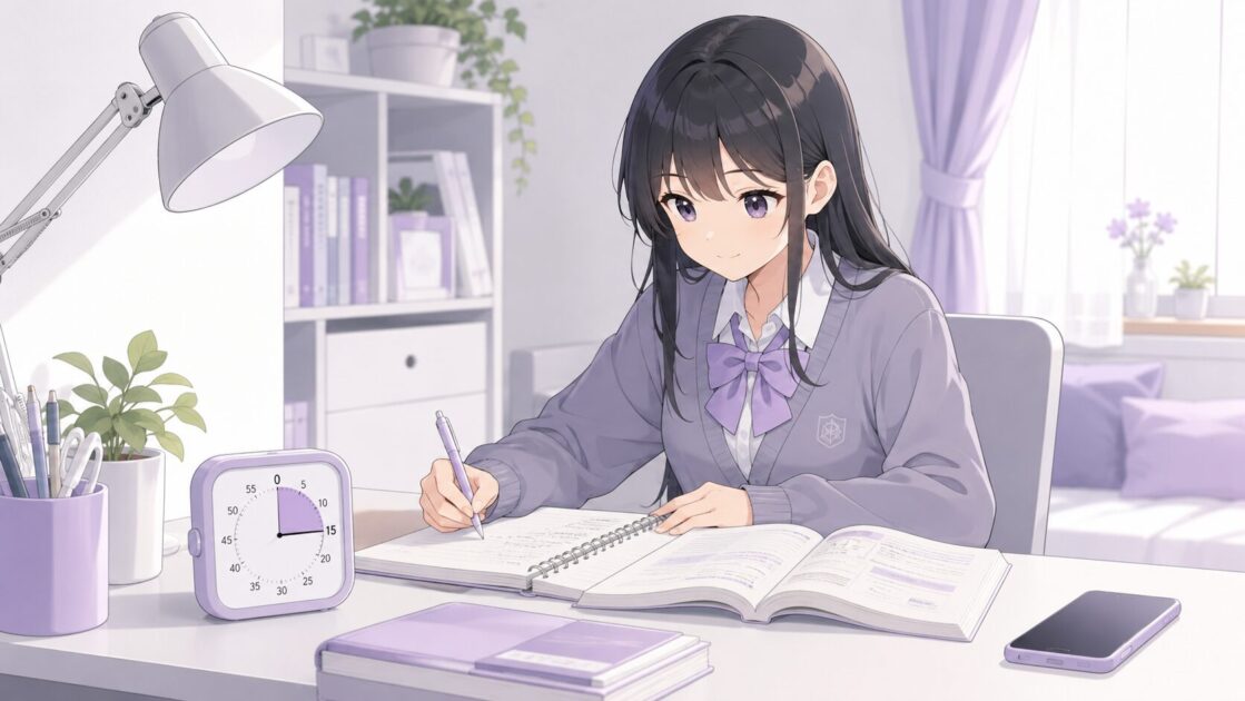 15分だけスマホを離して勉強する様子を描き、集中ブロックの考え方の理解を助ける挿絵
