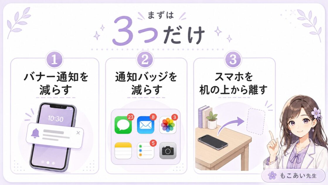通知を減らす3つの行動を整理し、スマホ通知対策の最初の一歩を理解しやすくするまとめ図