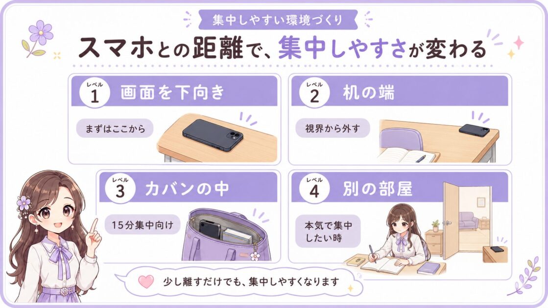 スマホとの距離を4段階で示し、集中しやすい置き場所の理解を助ける比較図
