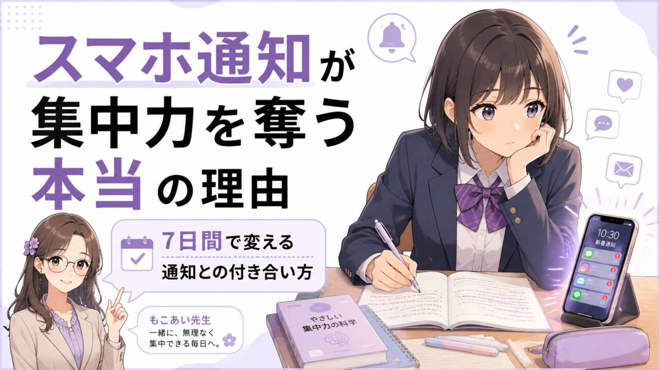 スマホ通知に気を取られる学生の様子を通して、通知と集中力の関係を伝えるアイキャッチ画像