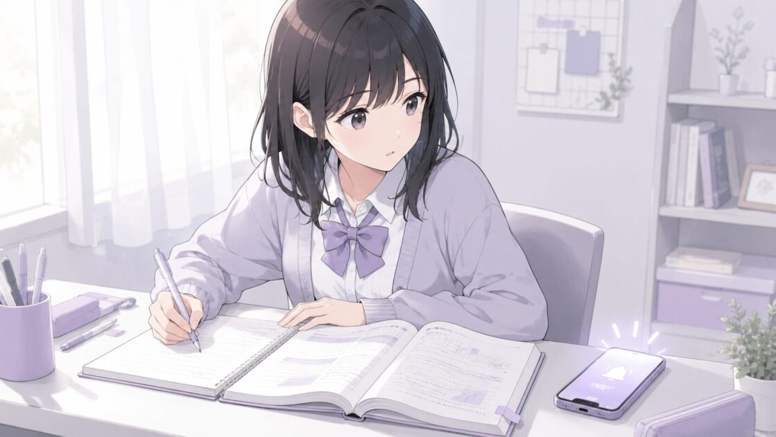 スマホ通知で勉強中の集中が切れてしまう様子を示し、通知と集中力の関係の理解を助ける挿絵