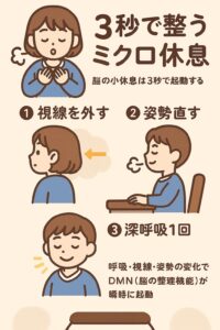 視線を外す・姿勢を直す・深呼吸の3ステップで脳を3秒で整えるミクロ休息法をまとめた教育図で、DMNが瞬時に起動する仕組みを視覚的に理解するための図解。 