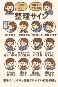 恵子が紹介する、遠くを見る・深呼吸する・姿勢を直すなど“サボりと誤解されやすい10の行動”を可愛いアイコンでまとめた教育図で、集中を妨げず脳の整理に役立つ行動を視覚的に理解できる内容。 