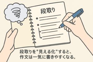 ノートに段取りを書き込みながら作文の準備をする様子を描いた図。考えを可視化することで文章が書きやすくなることを示すイラスト。 