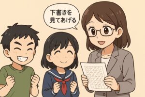 もこあい先生が完成した下書きを優しく確認し、生徒たちが嬉しそうに見守っている教室シーン。作文の推敲が終わり、文章が整った段階を表すイラスト。