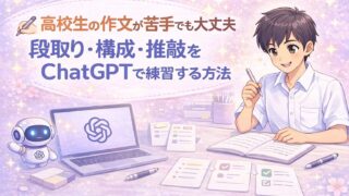 高校生向けに、作文の段取り・構成・推敲をChatGPTで練習する方法をやさしく伝えるアイキャッチ