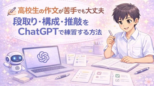 高校生向けに、作文の段取り・構成・推敲をChatGPTで練習する方法をやさしく伝えるアイキャッチ