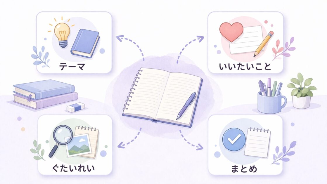 テーマ・言いたいこと・具体例・まとめの4つに分けて作文の段取りを整える流れを示した図で、書く前の整理が大切だと理解しやすくする挿絵