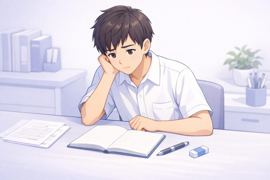 作文の課題を前にして何から書けばいいか分からず止まっている高校生の様子で、作文は才能より段取りで進めやすくなることを伝える挿絵