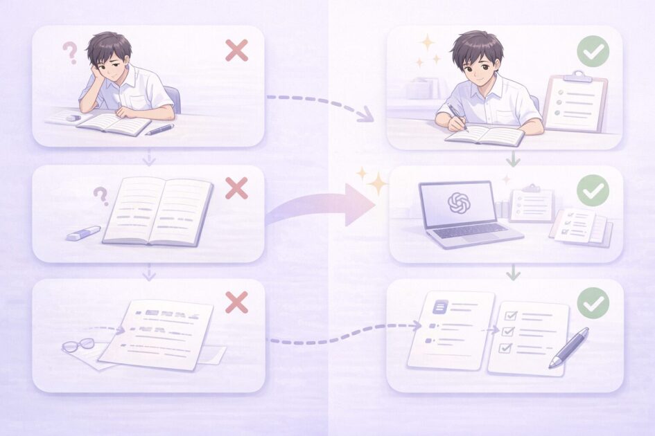 作文でよくある失敗として、いきなり書き始めることやAIへの丸投げなどを比較的やさしく示した図で、見直しポイントを理解しやすくする挿絵