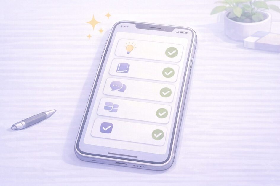 作文の要点をスマホで見返しやすい形に整理した図で、持ち帰って見直しやすくする挿絵