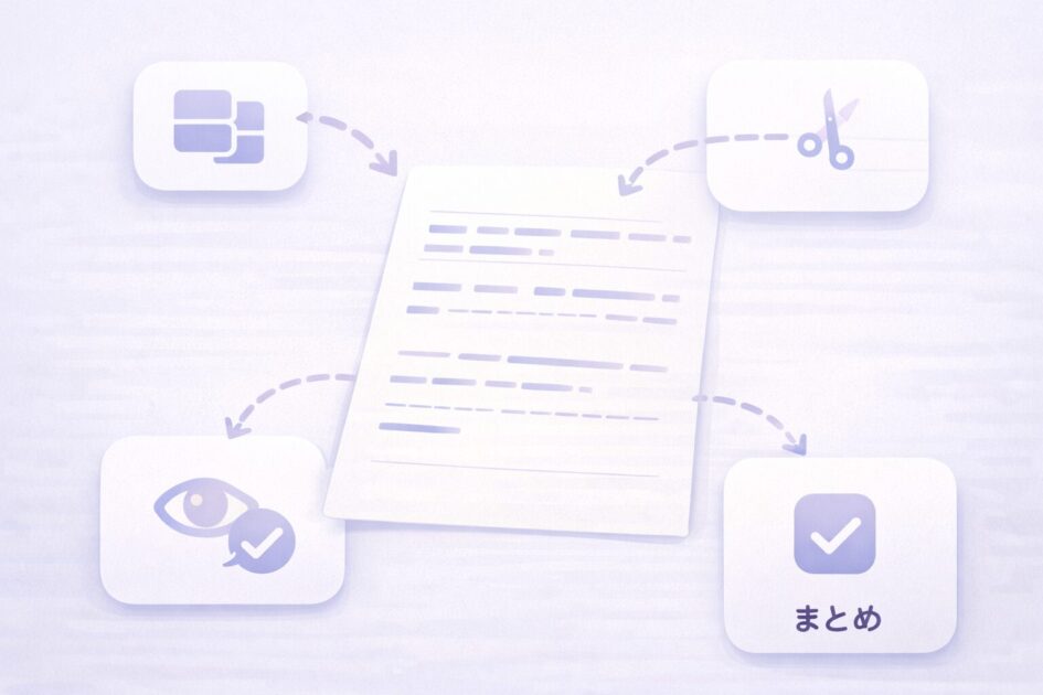 作文の推敲で見るポイントを比較的シンプルに整理した図で、同じことの繰り返しや一文の長さなどを見直す流れを理解しやすくする挿絵