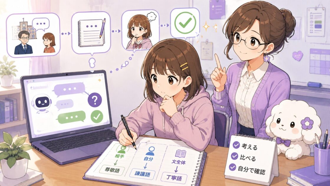 AIに敬語の場面想定問題を出してもらい自分で考えて練習している挿絵