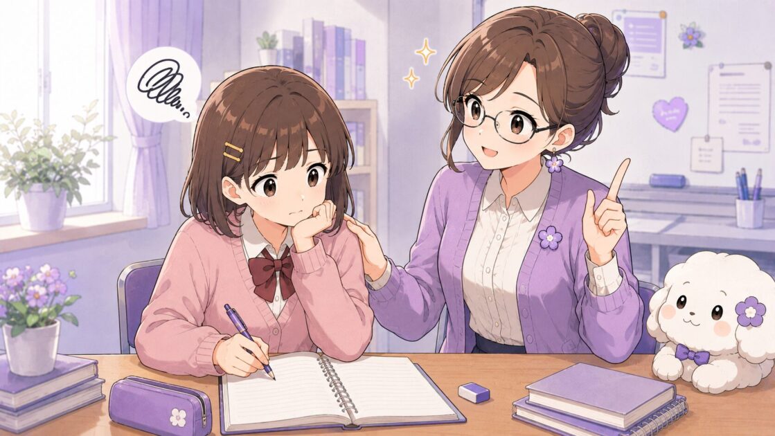 敬語が苦手な生徒にもこあい先生が丁寧語から始めれば大丈夫と伝える挿絵