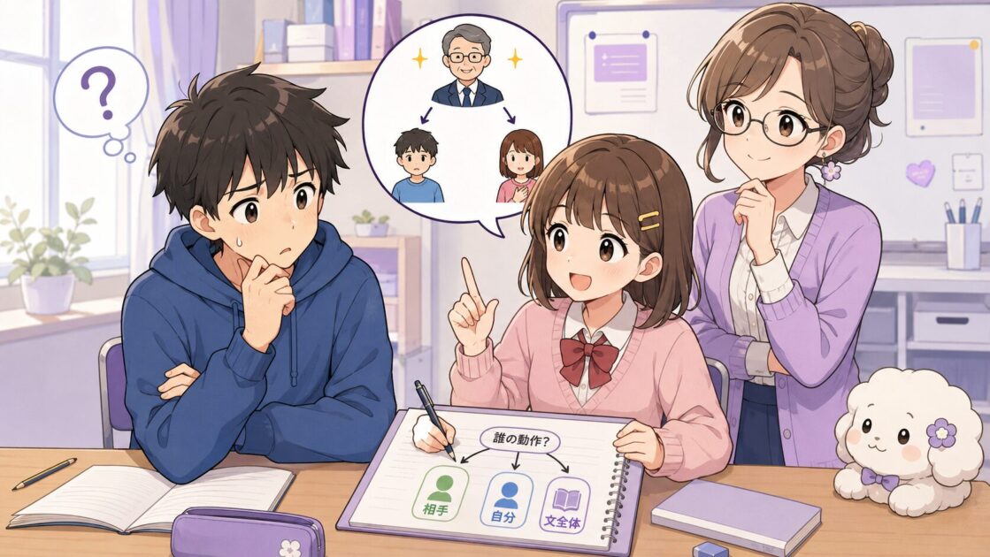 健太が敬語に迷い恵子が誰の動作かを確認して整理している挿絵
